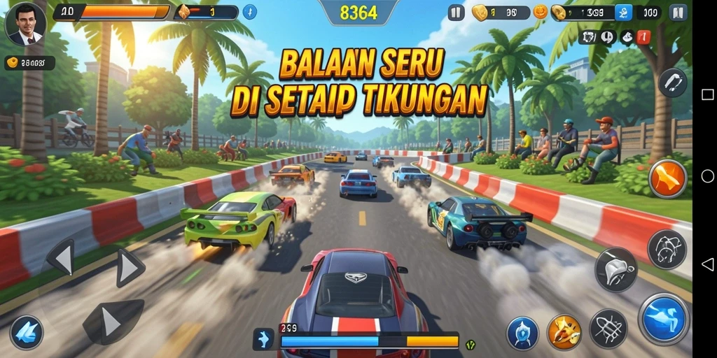 Gameplay seru dengan mobil balap di lintasan menantang.
