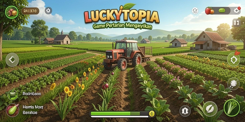 Screenshot gameplay LUCKYTOPIA menunjukkan ladang hijau yang subur di bawah sinar matahari.