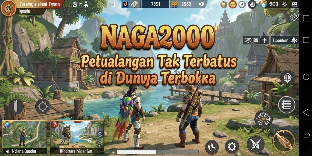Screenshot NAGA2000 menunjukkan pemain menjelajahi dunia yang luas dan indah.