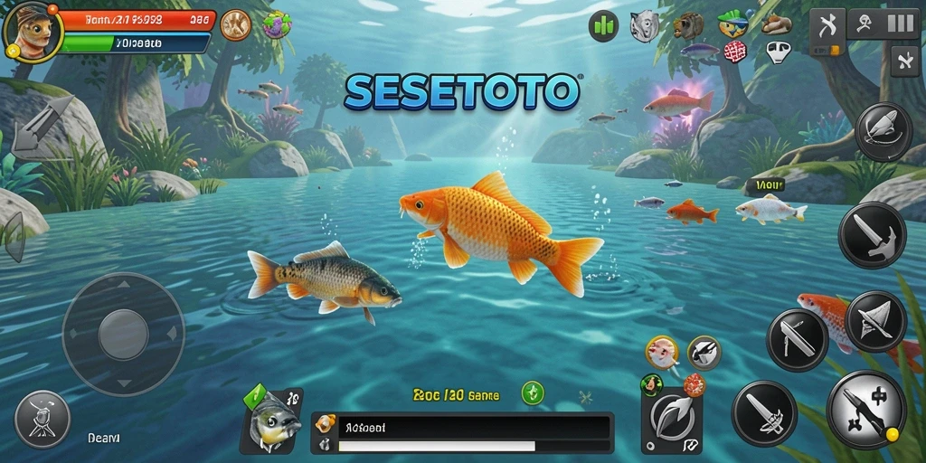 Tampilan gameplay SESETOTO dengan suasana memancing yang menenangkan.
