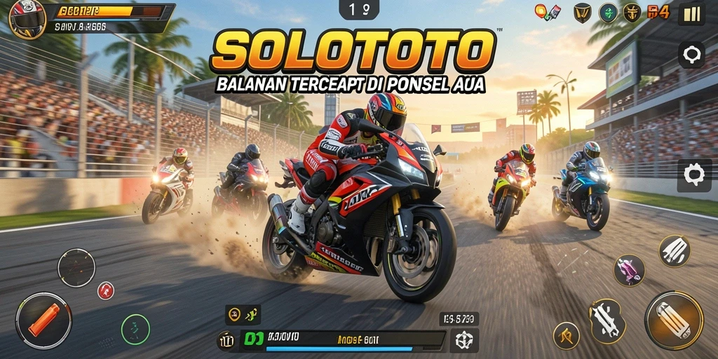 Screenshot gameplay SOLOTOTO yang menampilkan balapan motor yang menegangkan.