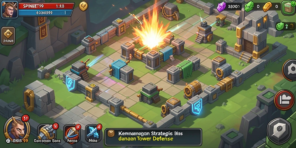 Tangkapan layar SPINBET99 menampilkan aksi seru dalam Tower Defense.