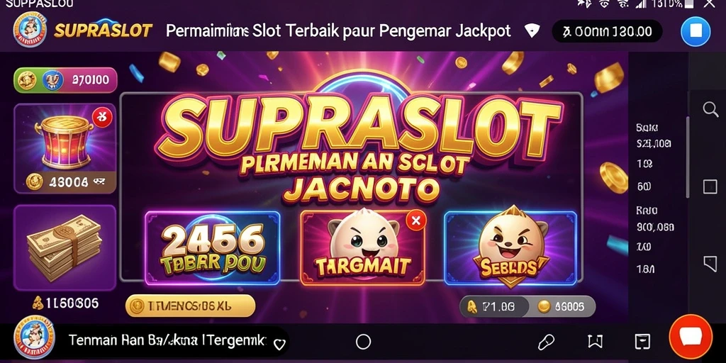 Tampilan gameplay SUPRASLOT dengan simbol-simbol menarik dan animasi mengagumkan.