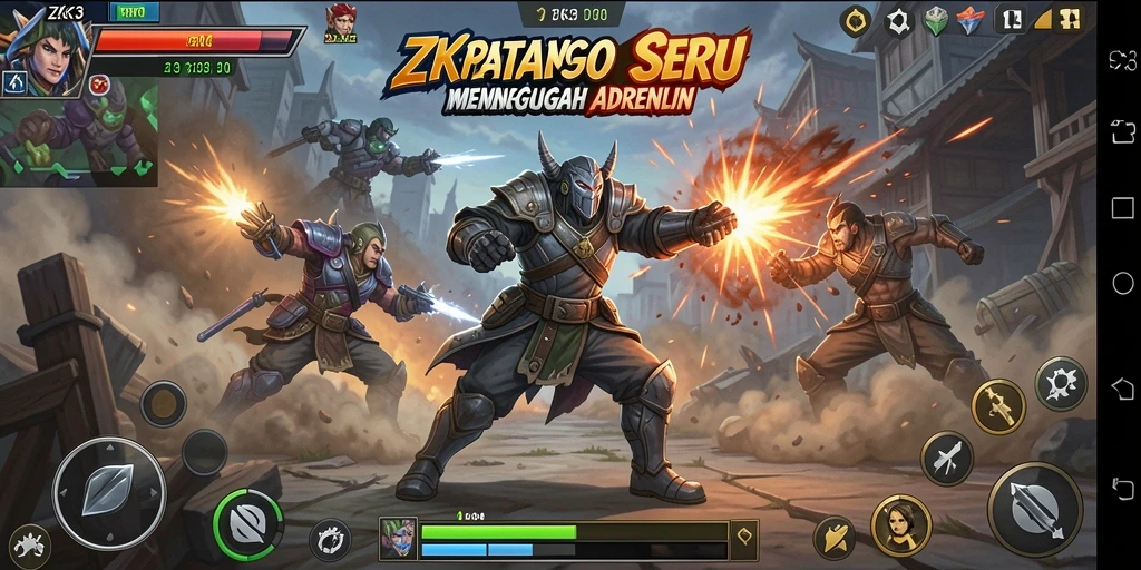 Screenshot gameplay ZK3 yang menunjukkan pertarungan seru dan dinamis.